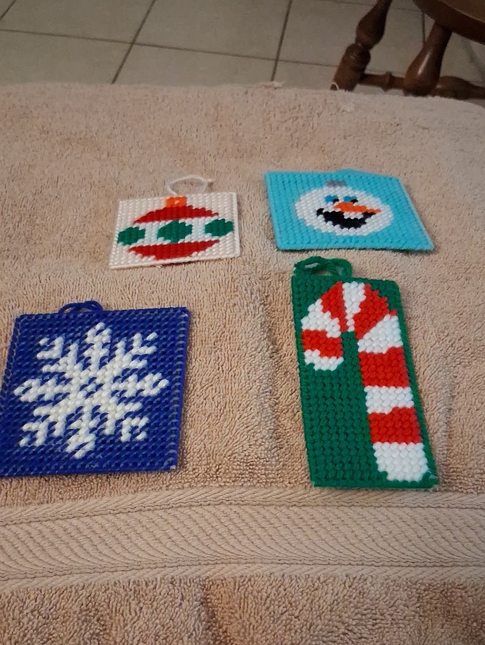 Handmade Holiday Plastic Canvas Ornaments - Green, Red, White, Blue